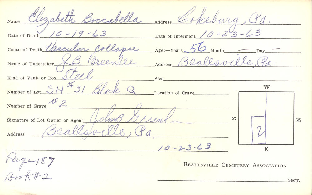 Elizabeth Boccabella burial card
